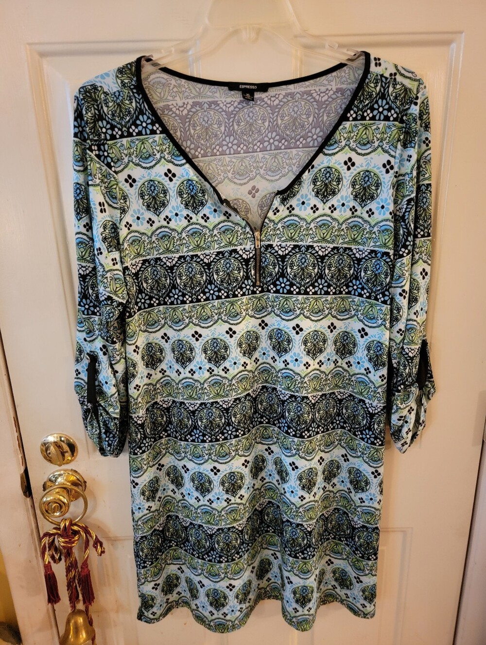 Espresso Aqua, Black & Green Printed V-Neck Tunic with Zip